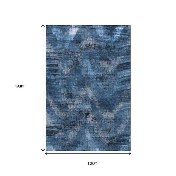 10' X 14' Blue Ivory And Charcoal Abstract Washable Area Rug With UV Protection