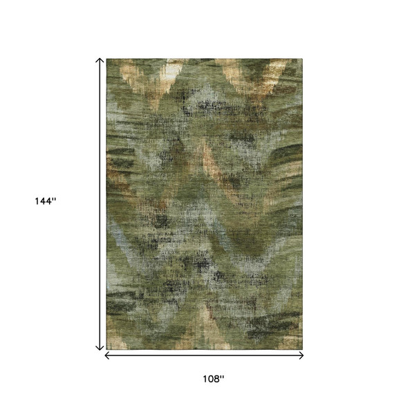 9' X 12' Olive Green Gold And Charcoal Abstract Washable Area Rug With UV Protection