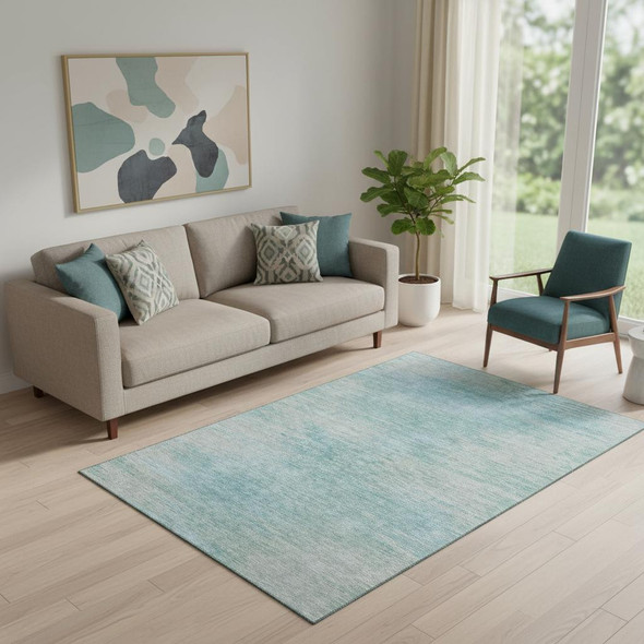 5' X 8' Aqua And Gray Abstract Washable Area Rug With UV Protection