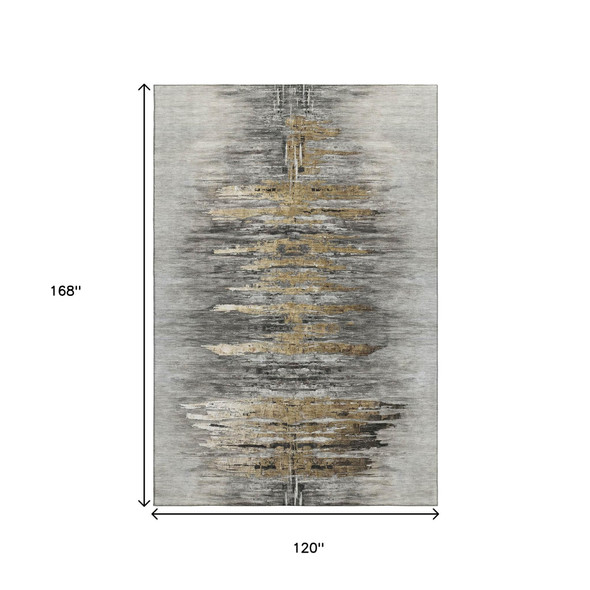 10' X 14' Gray Silver And Gold Abstract Washable Area Rug With UV Protection