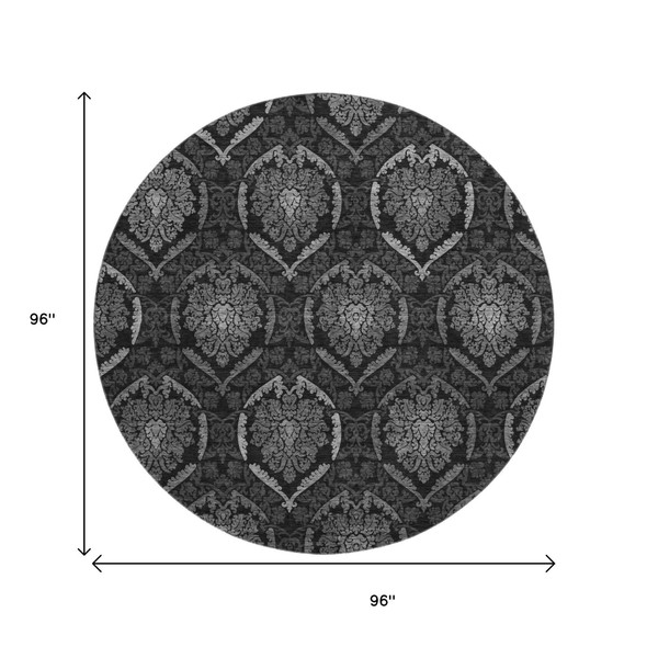 8' Gray And Silver Medallion Washable Round Rug With UV Protection