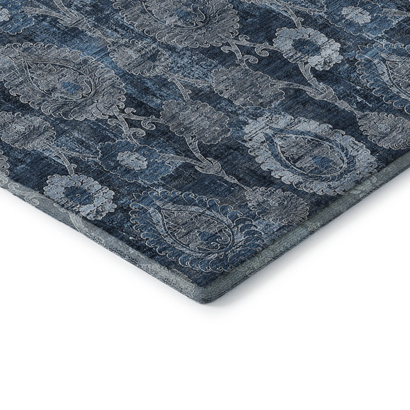 8' Navy Blue And Gray Damask Washable Round Rug With UV Protection