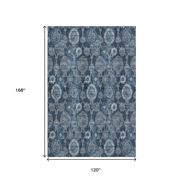 10' X 14' Navy Blue And Gray Damask Washable Area Rug With UV Protection