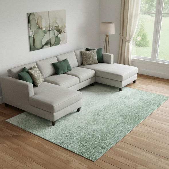 10' X 14' Green And Ivory Ombre Washable Area Rug With UV Protection