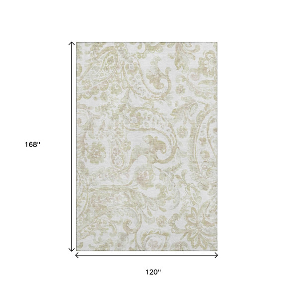 10' X 14' Beige And Ivory Paisley Washable Area Rug With UV Protection