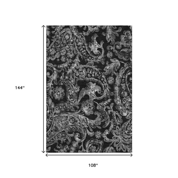 9' X 12' Black And Silver Paisley Washable Area Rug With UV Protection