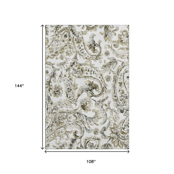 9' X 12' Brown And Ivory Paisley Washable Area Rug With UV Protection