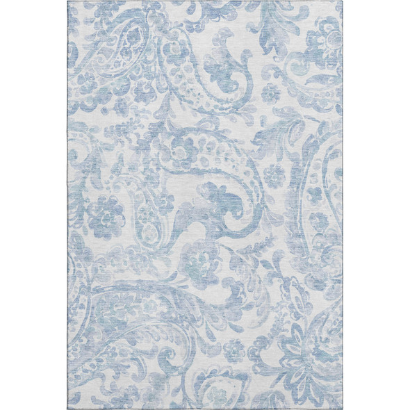 9' X 12' Sky Blue And Ivory Paisley Washable Area Rug With UV Protection