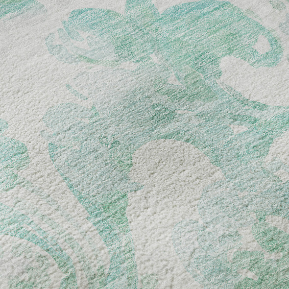 8' Turquoise And Ivory Paisley Washable Round Rug With UV Protection
