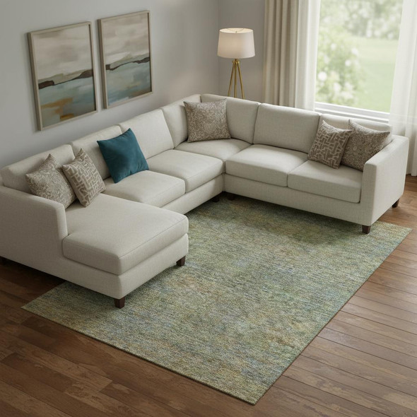 8' X 10' Green And Gold Abstract Washable Area Rug With UV Protection