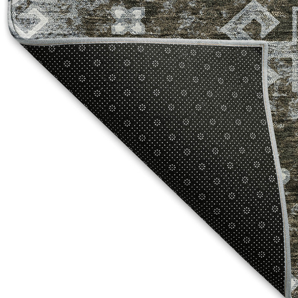 8' Chocolate Gray And Ivory Medallion Washable Round Rug With UV Protection