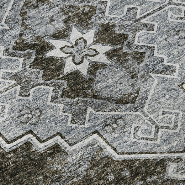 9' X 12' Chocolate Gray And Ivory Medallion Washable Area Rug With UV Protection