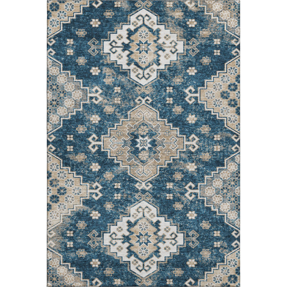 9' X 12' Navy Blue Ivory And Beige Medallion Washable Area Rug With UV Protection