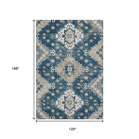 10' X 14' Navy Blue Ivory And Beige Medallion Washable Area Rug With UV Protection