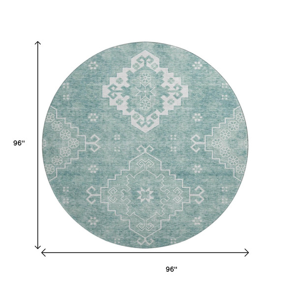 8' Aqua And Ivory Medallion Washable Round Rug With UV Protection