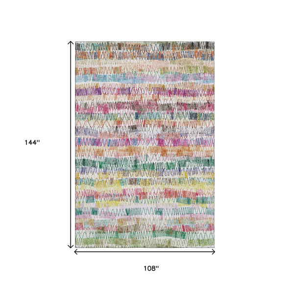 9' X 12' Green Purple And Orange Striped Washable Area Rug With UV Protection