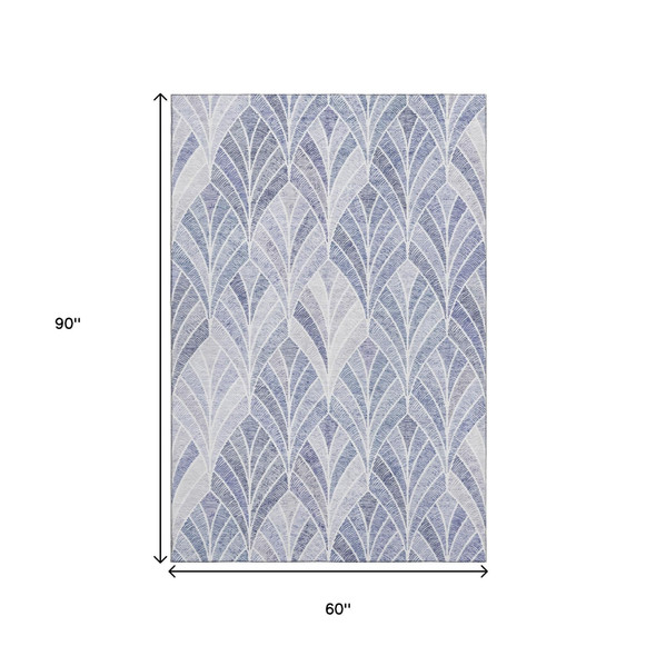 5' X 8' Denim Blue And Ivory Geometric Washable Area Rug With UV Protection