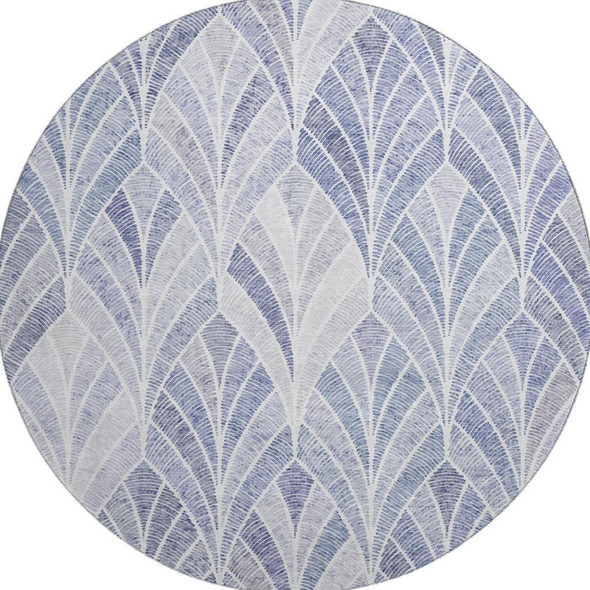 8' Denim Blue And Ivory Geometric Washable Round Rug With UV Protection