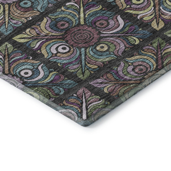 10' X 14' Black Purple And Teal Medallion Washable Area Rug With UV Protection
