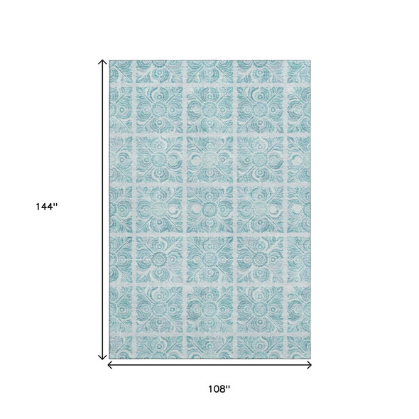 9' X 12' Turquoise And Ivory Medallion Washable Area Rug With UV Protection