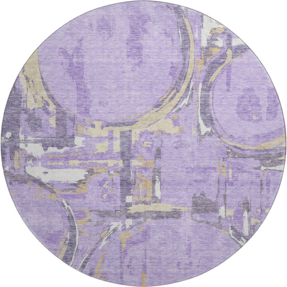 8' Lavender Beige And Gray Geometric Washable Round Rug With UV Protection