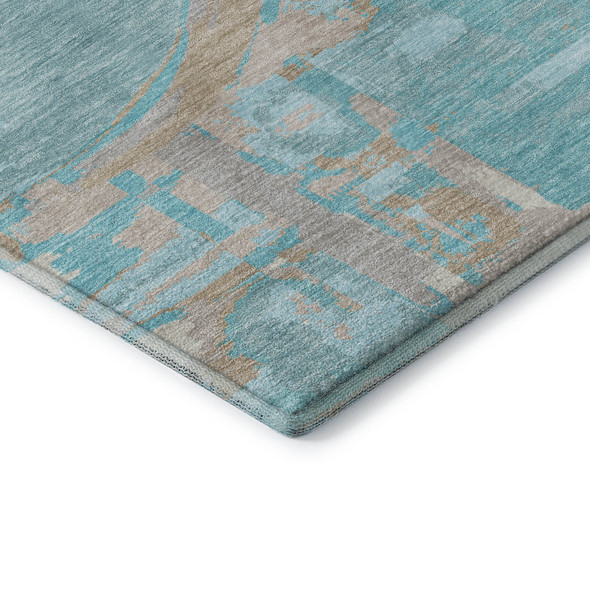 8' Teal Taupe And Beige Geometric Washable Round Rug With UV Protection
