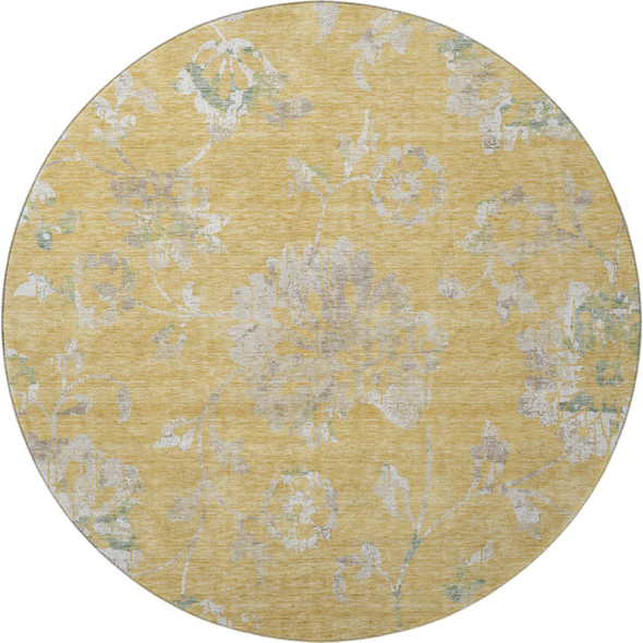 8' Gold And Silver Floral Washable Round Rug With UV Protection