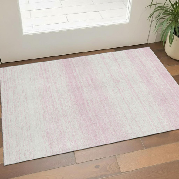 3' X 5' Pink And Ivory Striped Washable Area Rug With UV Protection