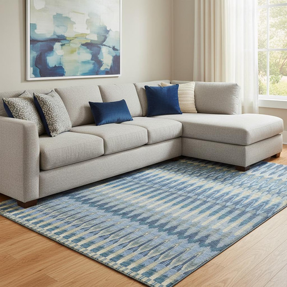 10' X 14' Denim Blue And Gray Southwestern Washable Area Rug With UV Protection