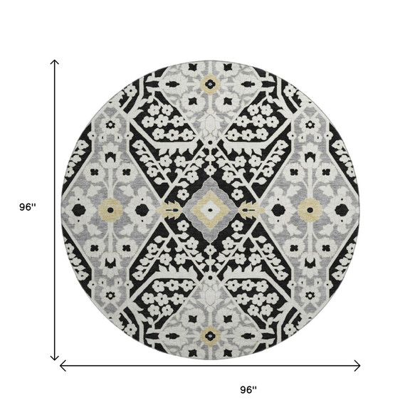 8' Black Gray And Gold Floral Washable Round Rug With UV Protection