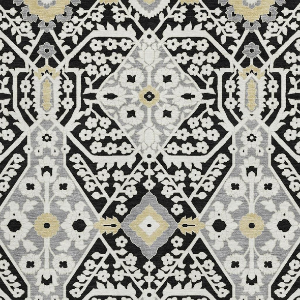 9' X 12' Black Gray And Gold Floral Washable Area Rug With UV Protection