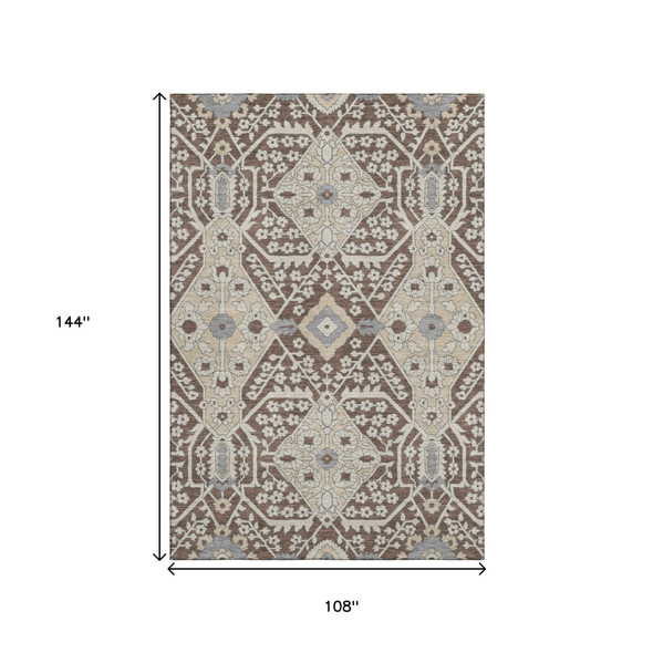 9' X 12' Chocolate Gray And Beige Floral Washable Area Rug With UV Protection