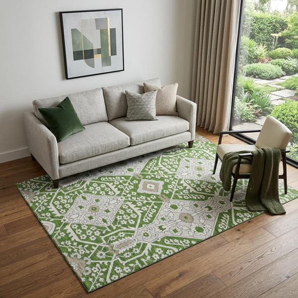 5' X 8' Green Ivory And Gray Floral Washable Area Rug With UV Protection