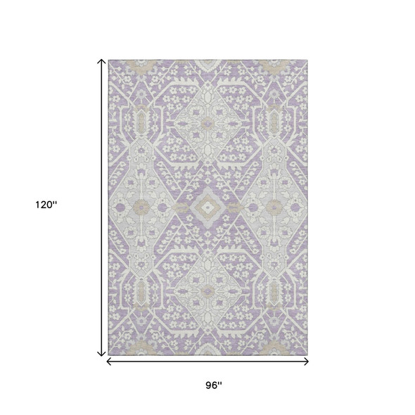 8' X 10' Lavender Gray And Beige Floral Washable Area Rug With UV Protection