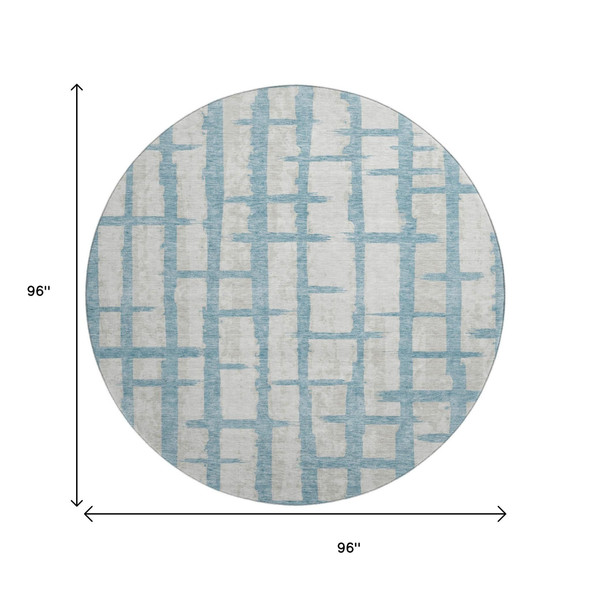 8' Sky Blue And Beige Striped Washable Round Rug With UV Protection
