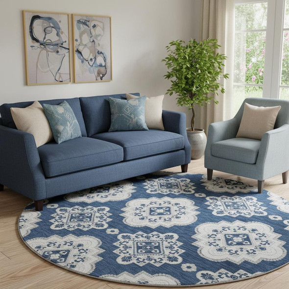 8' Navy Blue And Ivory Medallion Washable Round Rug With UV Protection