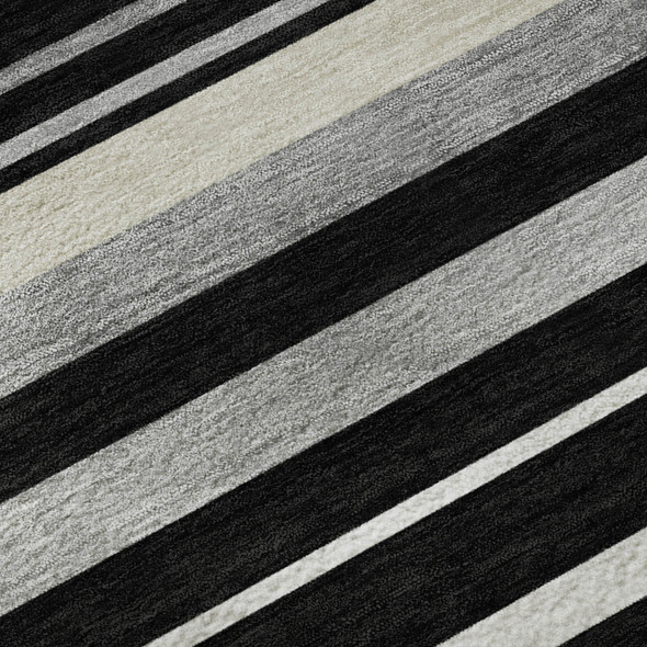 8' Black Ivory And Gray Striped Washable Round Rug With UV Protection