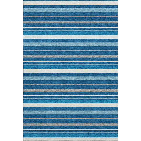10' X 14' Denim Blue Ivory And Gray Striped Washable Area Rug With UV Protection
