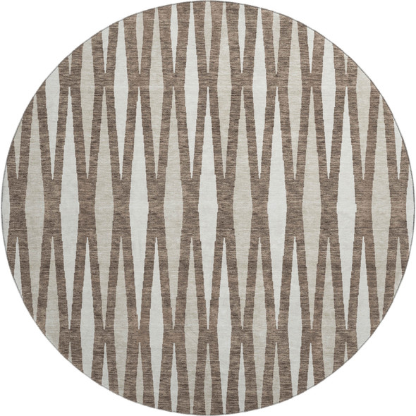8' Brown And Ivory Geometric Washable Round Rug With UV Protection