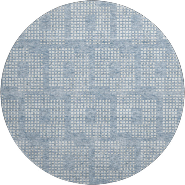8' Sky Blue And Ivory Geometric Washable Round Rug With UV Protection