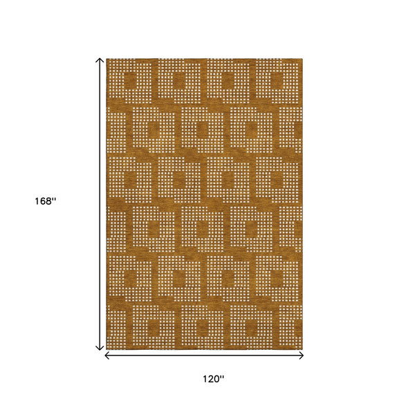 10' X 14' Terra Cotta And Ivory Geometric Washable Area Rug With UV Protection