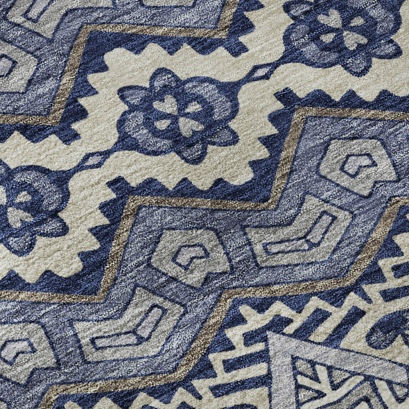 8' Denim Blue And Silver Moroccan Washable Round Rug With UV Protection