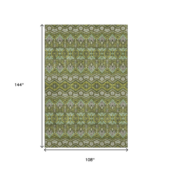 9' X 12' Olive Green And Beige Moroccan Washable Area Rug With UV Protection