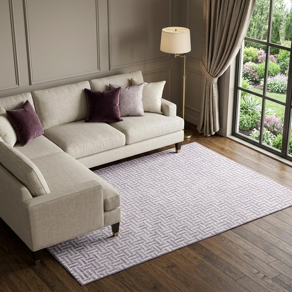 8' X 10' Lavender And Ivory Geometric Washable Area Rug With UV Protection