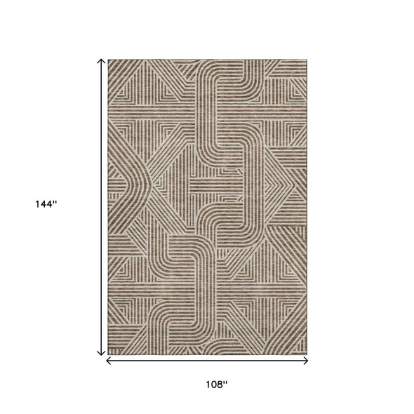 9' X 12' Brown And Ivory Abstract Geometric Washable Area Rug With UV Protection