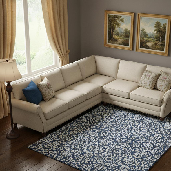 9' X 12' Navy Blue And Ivory Damask Washable Area Rug With UV Protection
