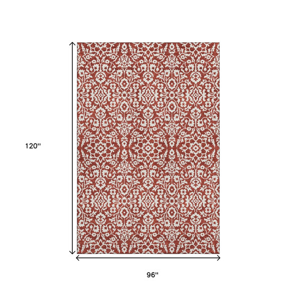 8' X 10' Red And Ivory Damask Washable Area Rug With UV Protection