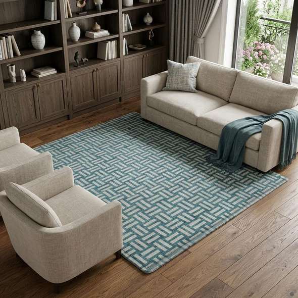 9' X 12' Teal And Ivory Abstract Geometric Washable Area Rug With UV Protection