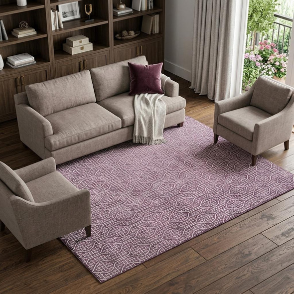 9' X 12' Eggplant And Ivory Geometric Washable Area Rug With UV Protection