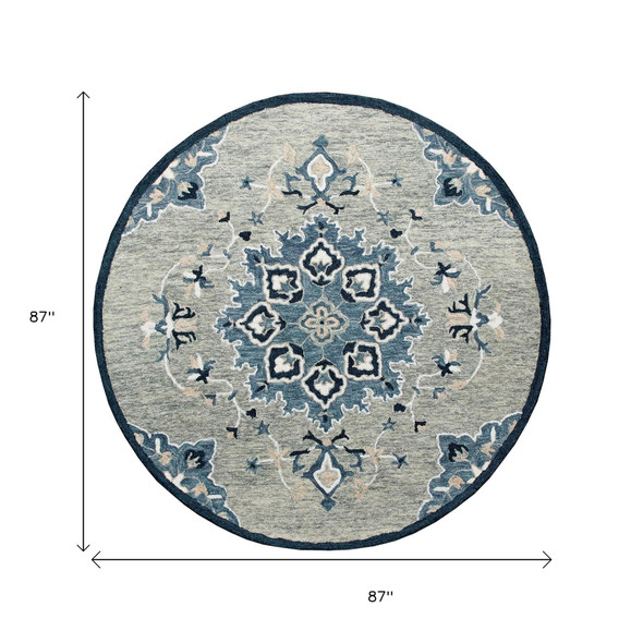7' Blue And Gray Wool Medallion Hand Tufted Round Rug
